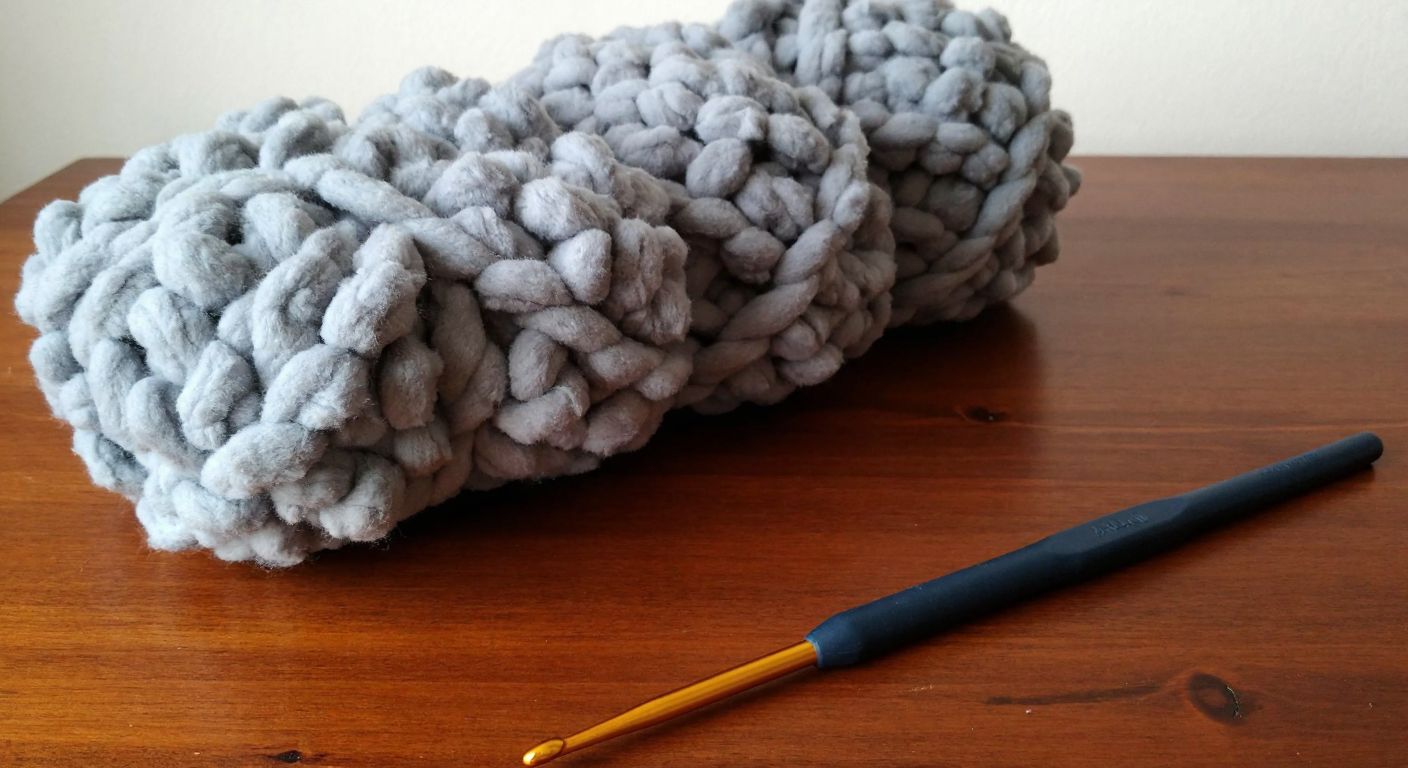 A skein of soft, fluffy gray yarn (Alize Puffy 87) neatly coiled on a wooden table with a traditional Turkish crochet hook beside it, evoking warmth and craftsmanship.