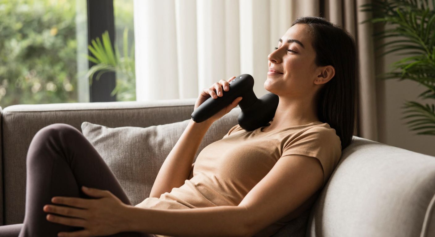 A person in a cozy Turkish home setting relaxes on a sofa, holding a sleek massage device against their shoulder, with a content expression as gentle vibrations soothe their muscles.