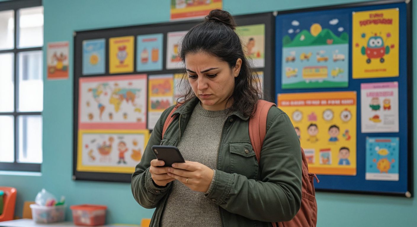 A Turkish parent in casual clothing checks their phone with a thoughtful expression while standing near a school bulletin board displaying colorful educational posters.