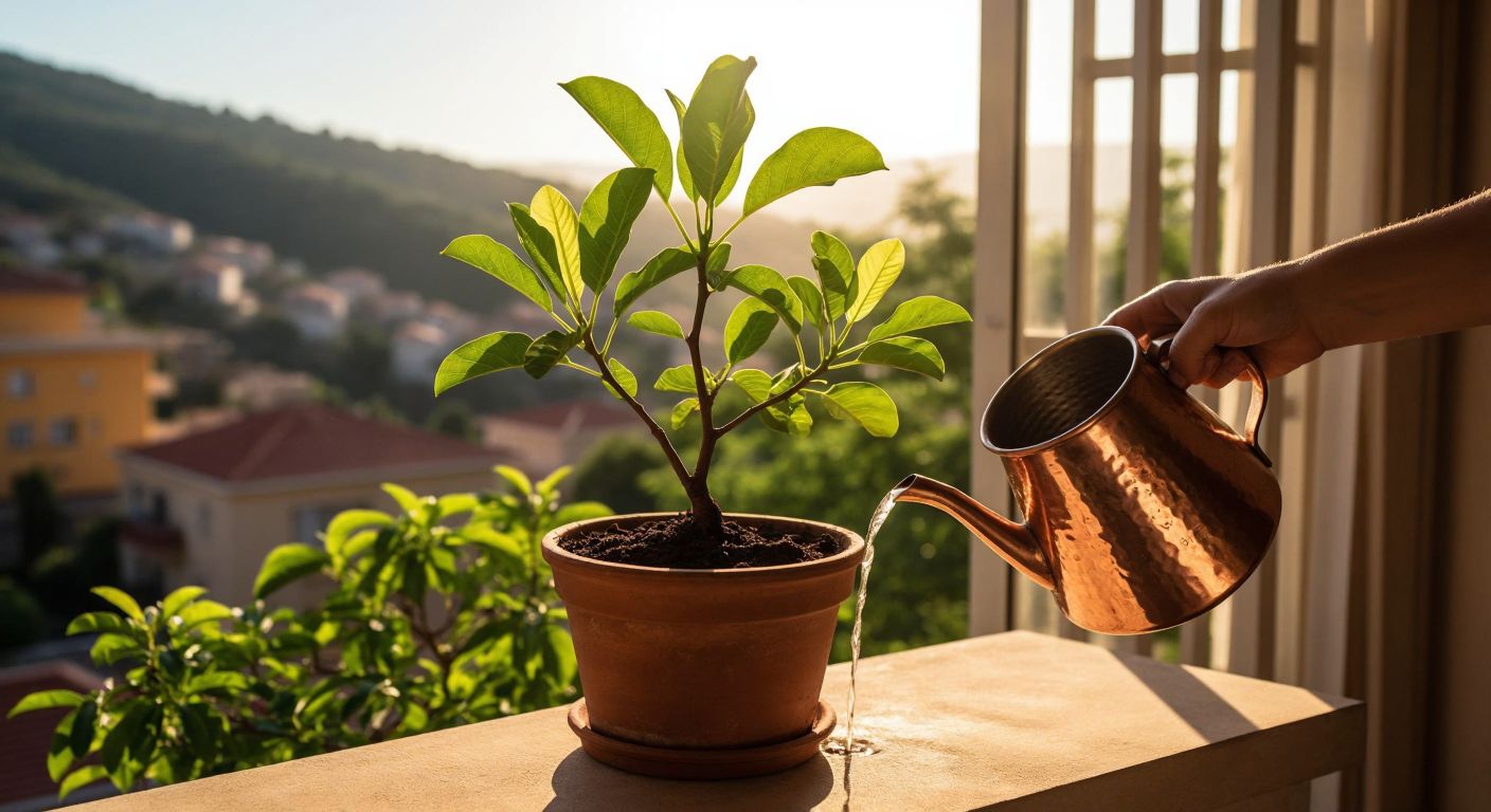 A warm, sunlit Turkish balcony with a potted cashew sapling in rich, sandy soil, its young leaves vibrant green, while a hand gently waters it from a copper jug, reflecting the challenge of nurturing tropical plants in a temperate climate.