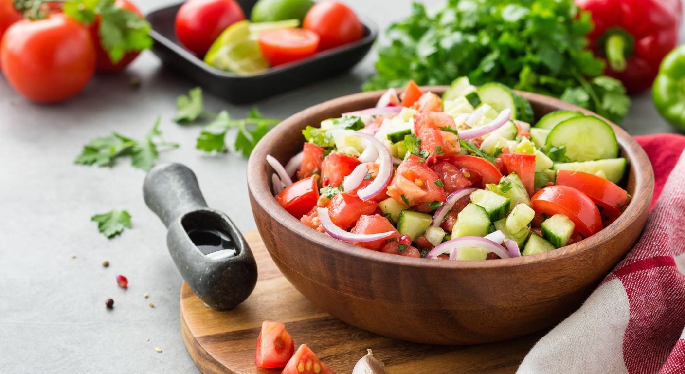 A vibrant Turkish kitchen scene with a wooden bowl filled with finely chopped fresh vegetables (tomatoes, cucumbers, onions, and parsley) drizzled with pomegranate molasses, surrounded by scattered ingredients and a mortar-pestle nearby, evoking freshness and meticulous preparation.