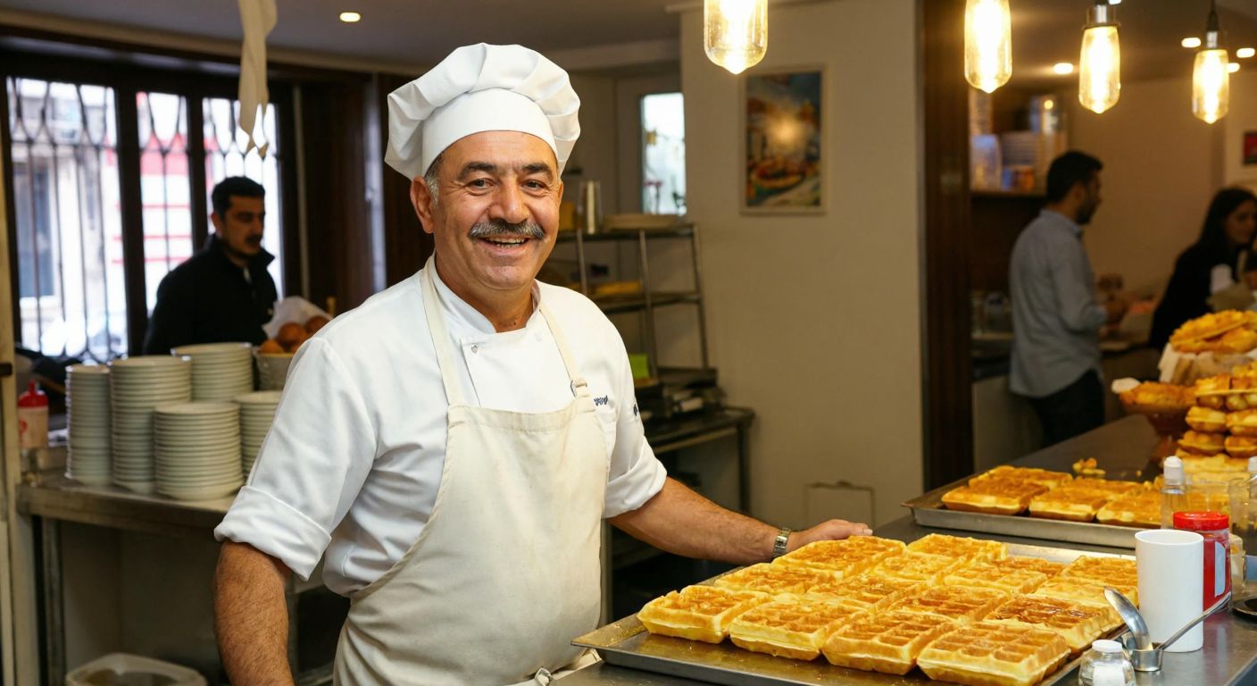 A cheerful, middle-aged Turkish man with a mustache, wearing a white apron and a chef's hat, stands proudly behind a counter displaying golden, syrup-drizzled waffles in a bustling Kadıköy eatery.