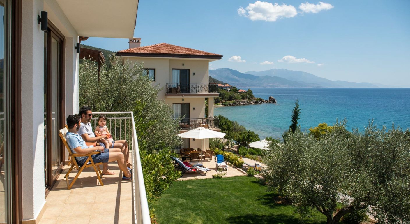A sunny coastal scene in Turkey with two distinct properties—one a shared, modern holiday apartment (devre mülk) with multiple families enjoying the balcony, and the other a private, traditional seaside villa (yazlık) with a single family lounging in a garden filled with olive trees.