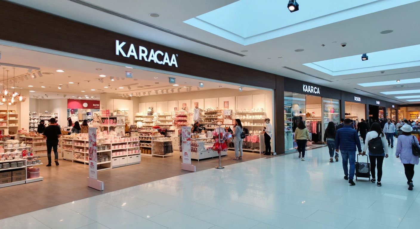 A bustling shopping mall in Ankara with a bright Karaca storefront, shelves filled with colorful kitchenware, and shoppers browsing amid warm lighting and modern decor.