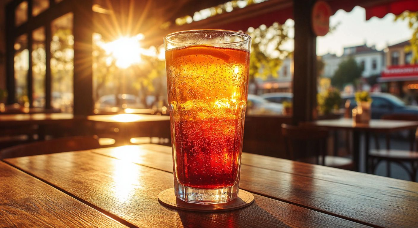 A tall, transparent glass filled with a colorful fizzy drink, placed on a wooden table in a sunlit Turkish café, with condensation droplets glistening on its surface.