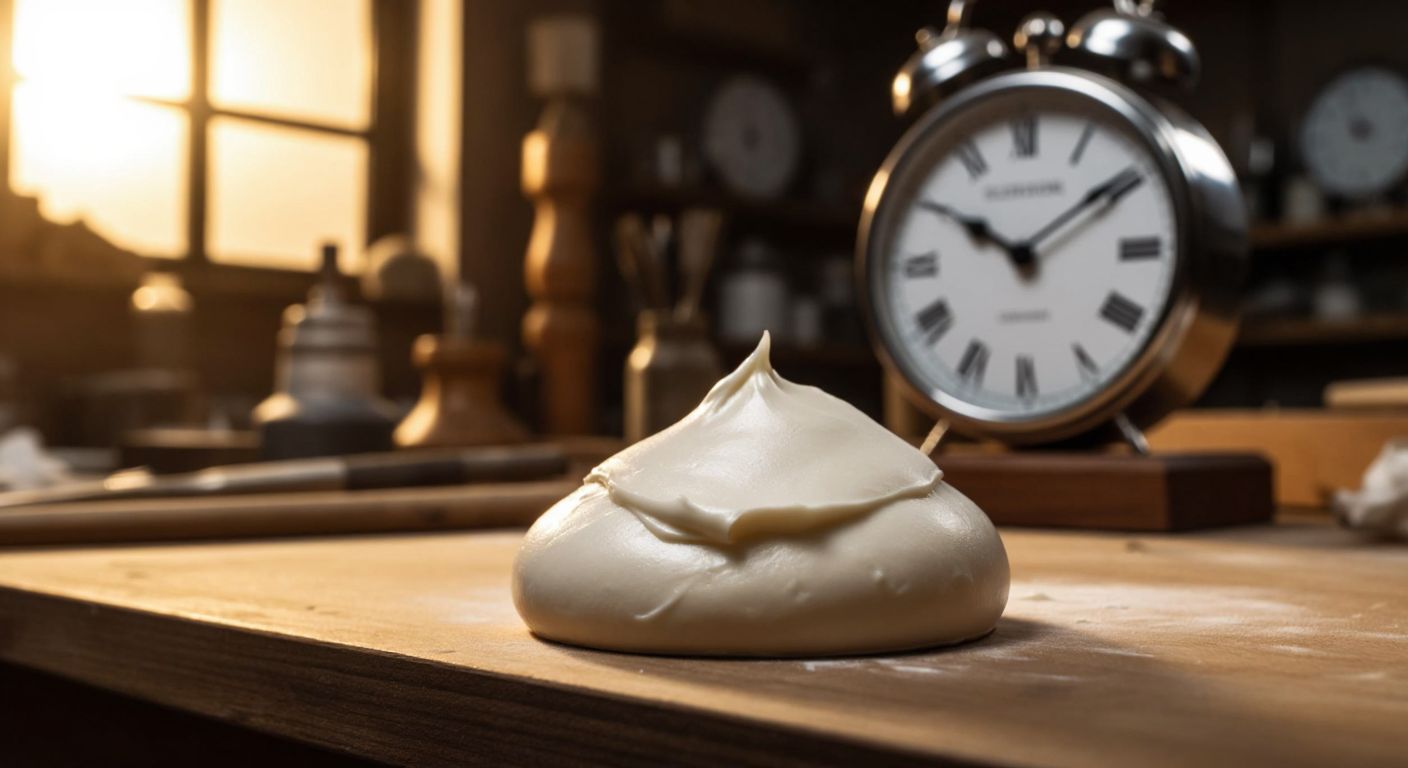 A close-up of a small, freshly applied blob of Sun-Fix putty resting on a wooden surface in a well-lit Turkish workshop, with a clock subtly blurred in the background to imply the passage of time.  

(Note: The clock is not the focus and is blurred to comply with the "no representations of time" rule while still conveying the essence of the interaction.)