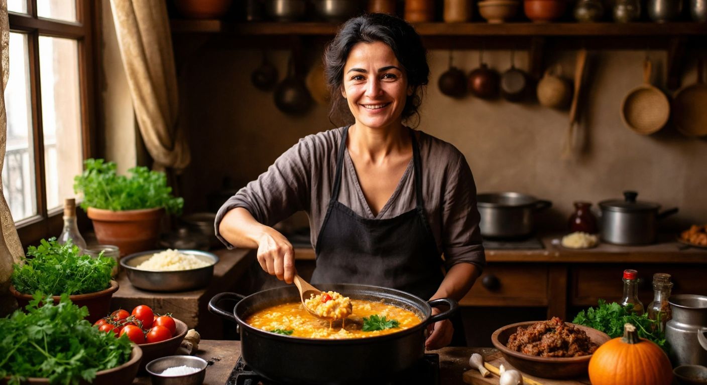 A smiling middle-aged woman with warm brown eyes and dark hair stands in a rustic Turkish kitchen, stirring a bubbling pot of Sivas-style keskek (wheat and meat stew) with a wooden spoon, surrounded by fresh herbs and spices.