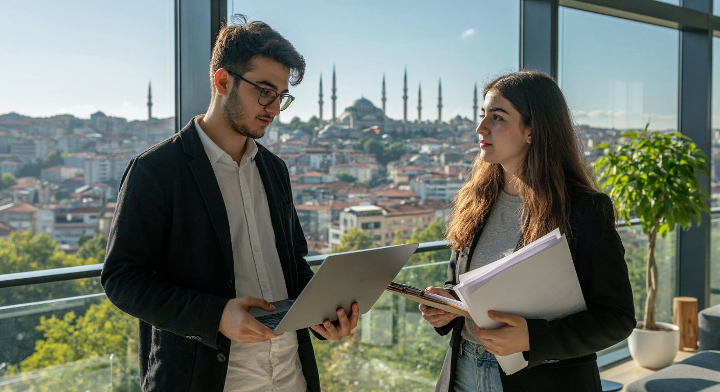 A young student in a modern Turkish university setting, holding a laptop and a stack of papers, looks focused while consulting with an academic advisor in a sunlit office with a view of Istanbul’s skyline.