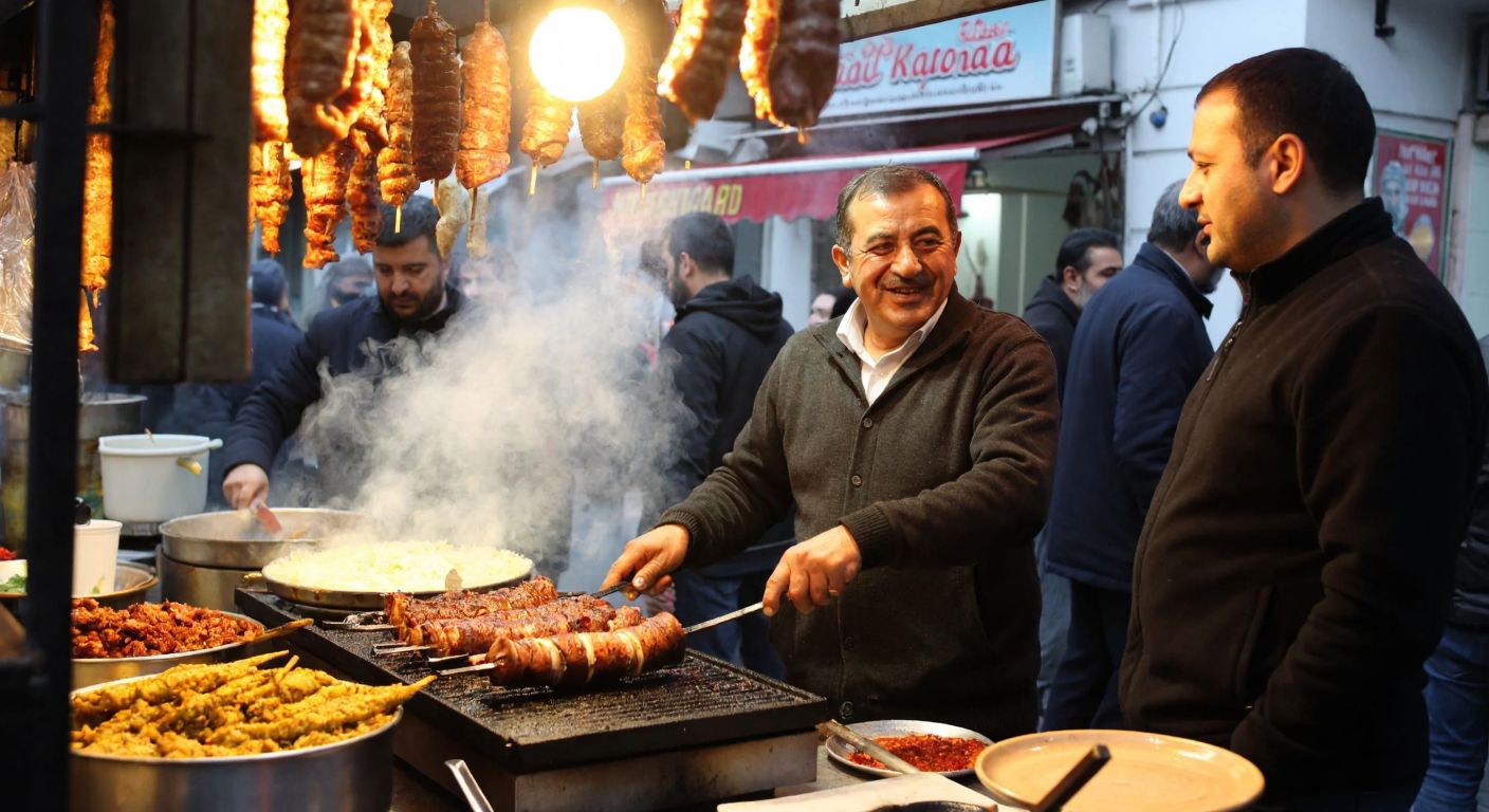 A bustling street food stall in Kartal, Istanbul, with a smiling middle-aged man (Şaban Memiş) grilling sizzling kokoreç on a skewer, surrounded by eager customers and the smoky aroma of spices filling the air.