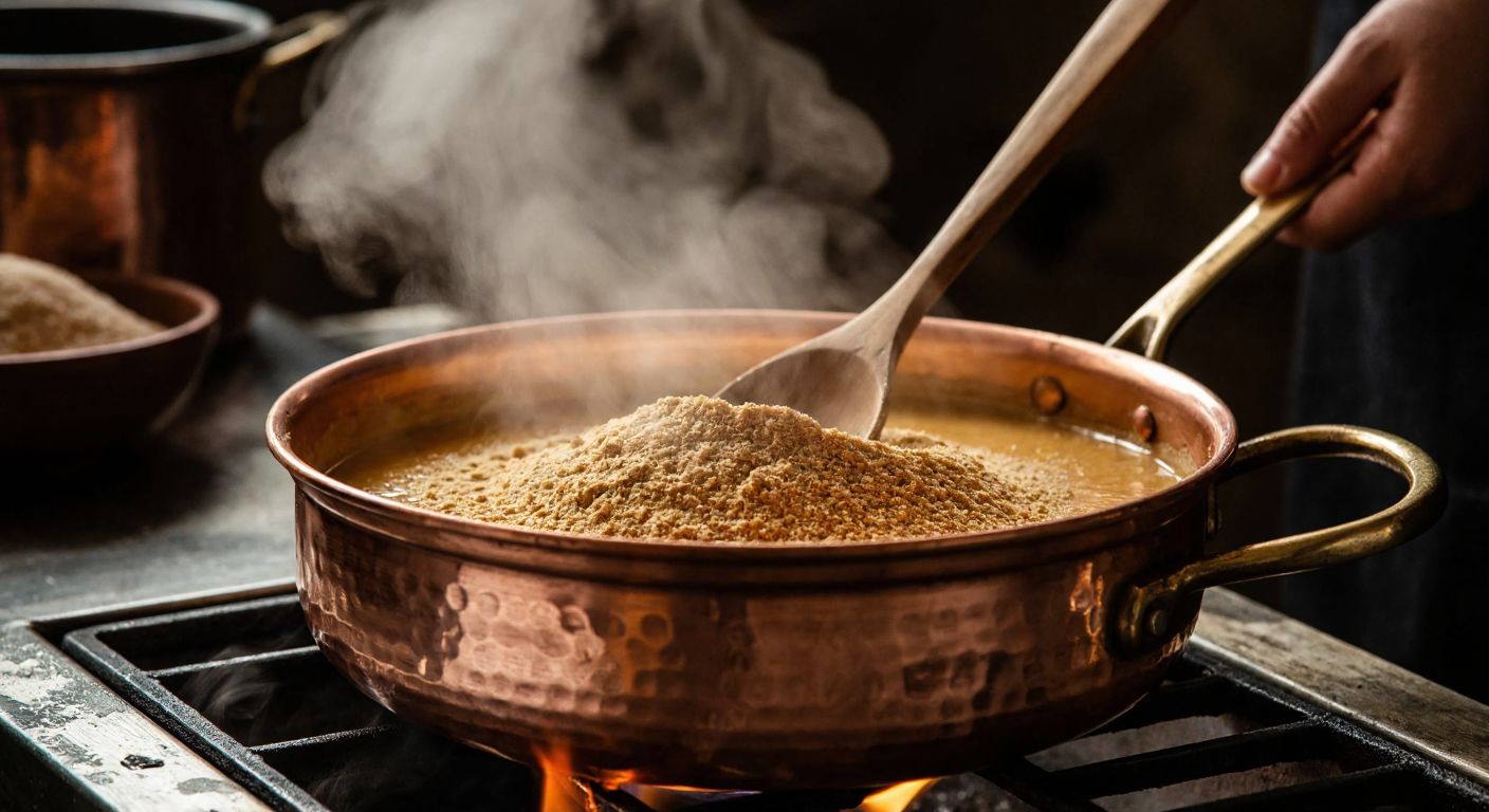 A close-up of a Turkish copper pot over a low flame, with a wooden spoon stirring dark golden-brown flour for *kaşık helvası*, while steam rises and the rich, toasted aroma fills a warm, rustic kitchen.