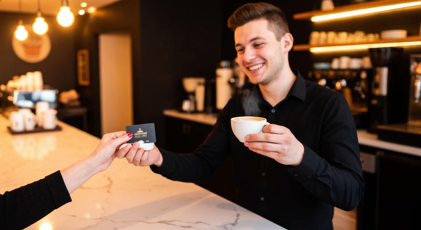 A smiling barista in a cozy Caffè Nero café in Turkey hands a customer a steaming cup of coffee while holding a loyalty card, with warm lighting reflecting off the marble countertop.
