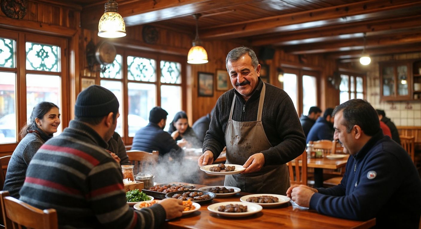 A warm, bustling traditional Sivas restaurant with a middle-aged Turkish man, Şükrü Dursun, proudly serving steaming plates of köfte to smiling customers in a cozy wooden interior.