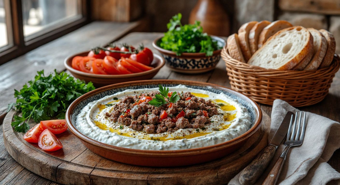 A rustic wooden table in a Turkish kitchen holds a steaming plate of sıron topped with creamy garlic yogurt, surrounded by fresh parsley, grilled tomatoes, a bowl of minced meat, and a basket of crusty whole-grain bread.
