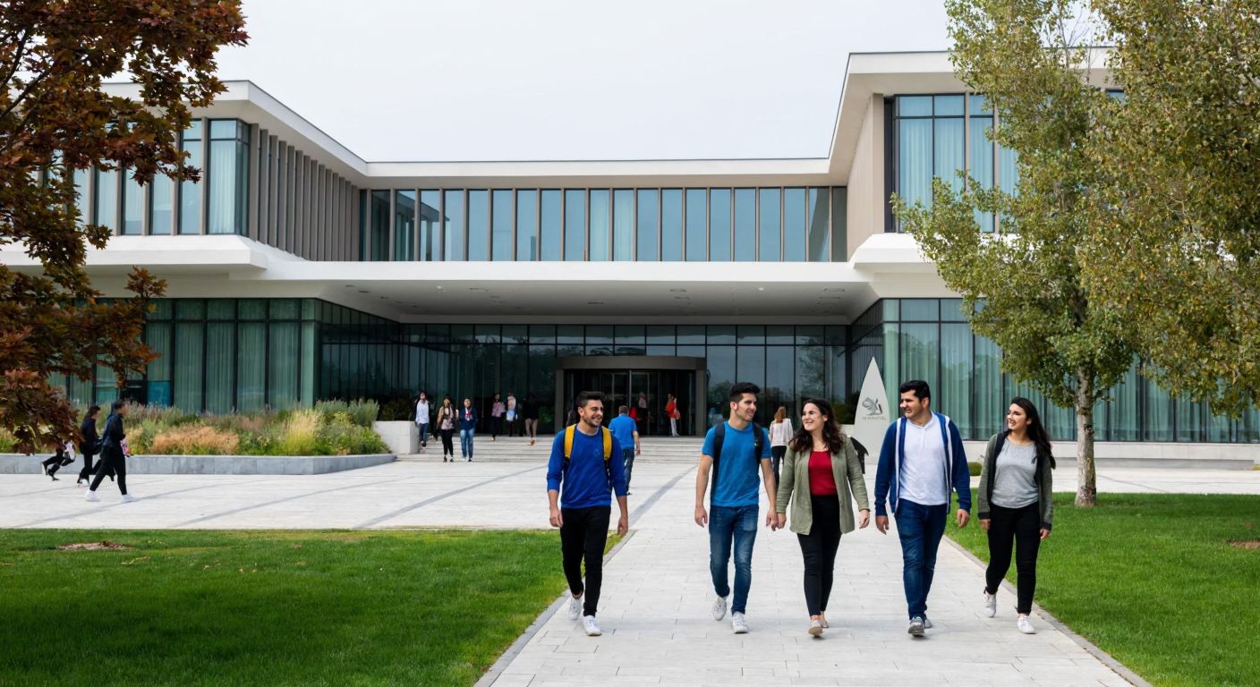 A modern university campus in Turkey with students walking past a sleek research building, some smiling while others look concerned, framed by a mix of green spaces and contemporary architecture.