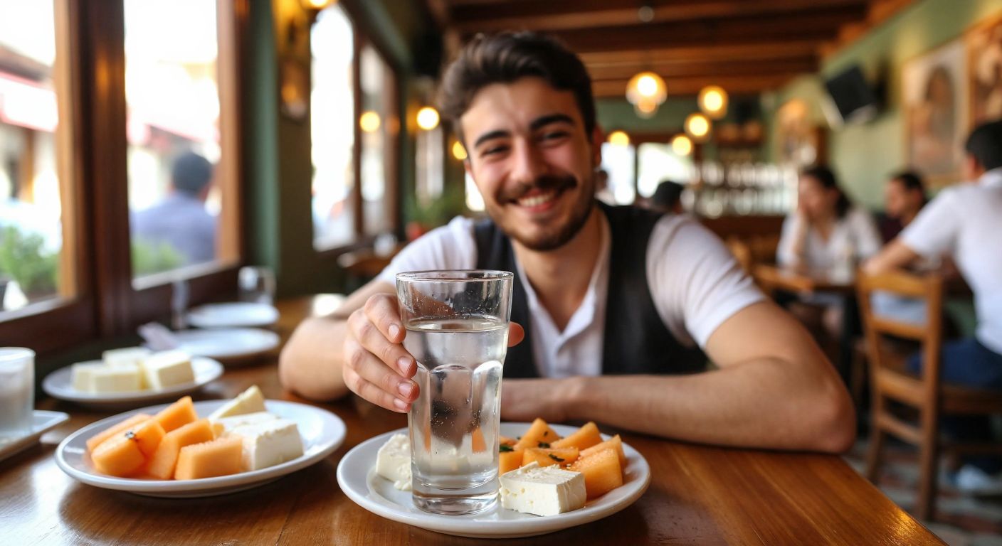 A smiling person in a cozy Turkish tavern holds a tulip-shaped glass filled with clear rakı, its anise aroma mingling with plates of white cheese and melon on a wooden table.