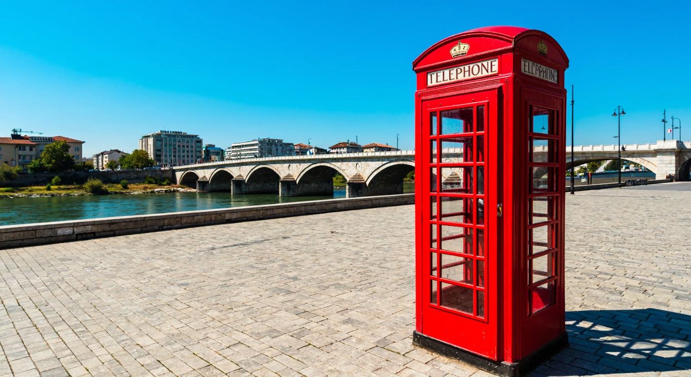 A vibrant red telephone booth stands on a cobblestone street in Skopje, with the distant silhouette of the Stone Bridge and the Vardar River under a clear blue sky.