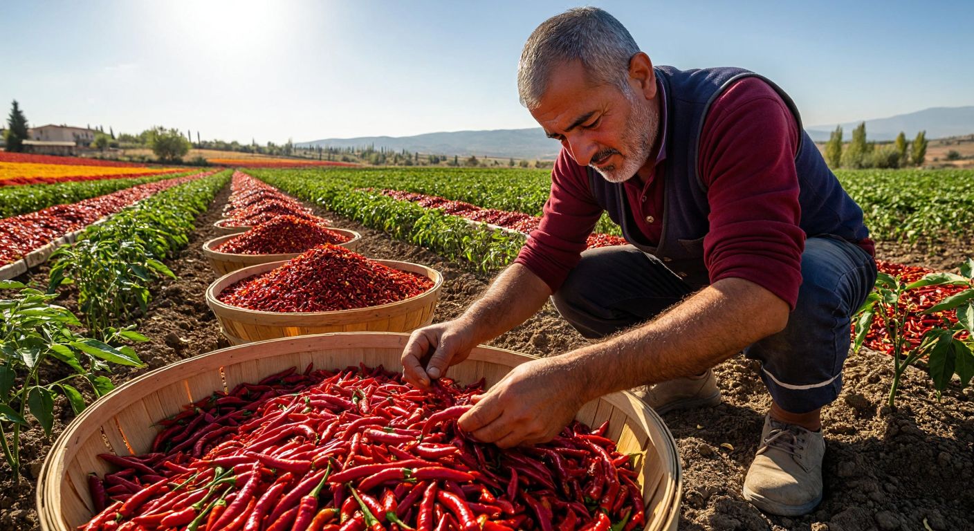 A Turkish farmer in a sunlit field carefully inspecting vibrant red chili peppers, separating seedless flakes from seeded ones, with a basket of high-quality pul biber nearby.