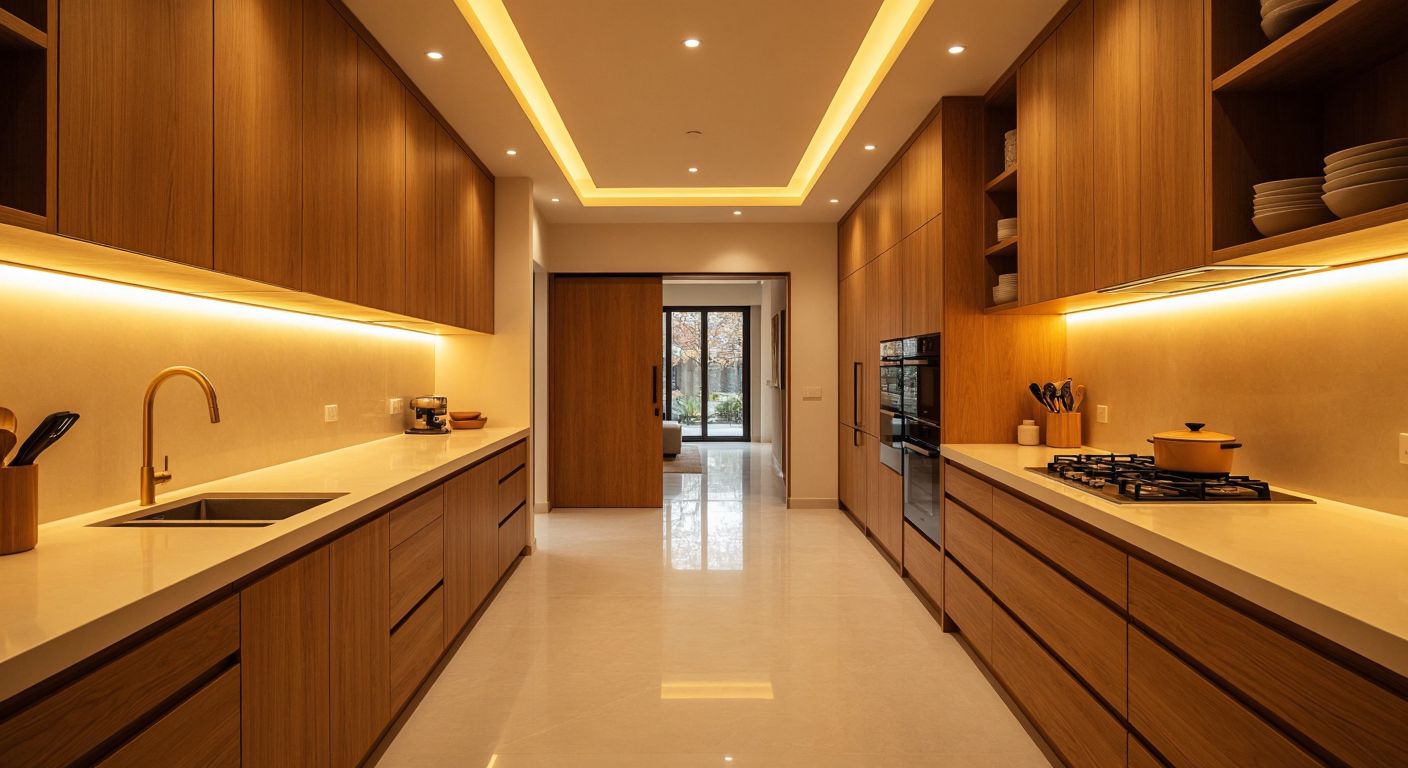 A bright Turkish kitchen with warm wooden cabinets arranged in an L-shape along two walls, contrasting with a narrow corridor-style kitchen where parallel counters face each other under soft yellow lighting.