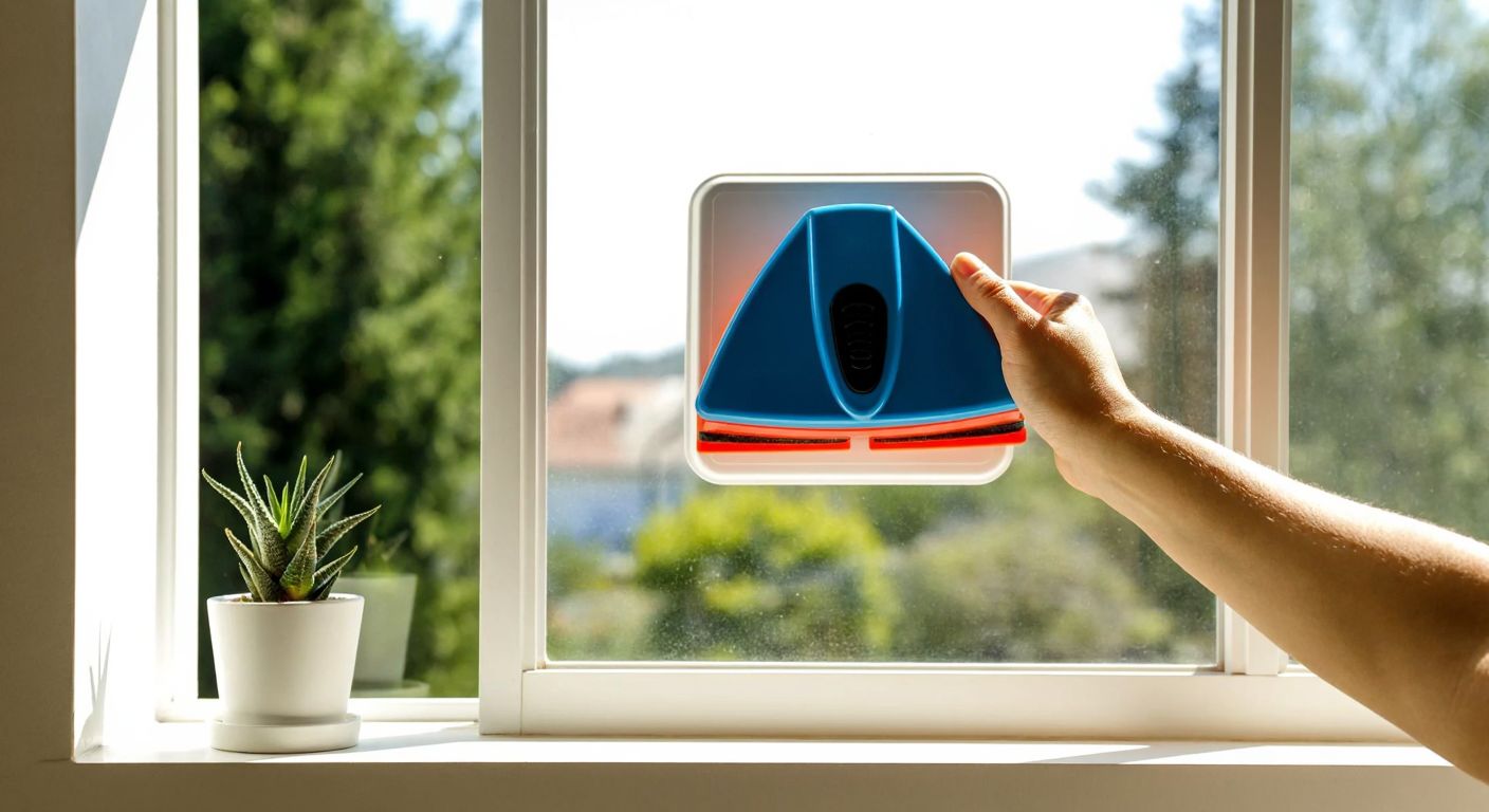 A hand holding a magnetic glass cleaner with adjustable thickness settings, hovering over a clear window pane in a sunlit Turkish home, with a small potted plant on the sill.
