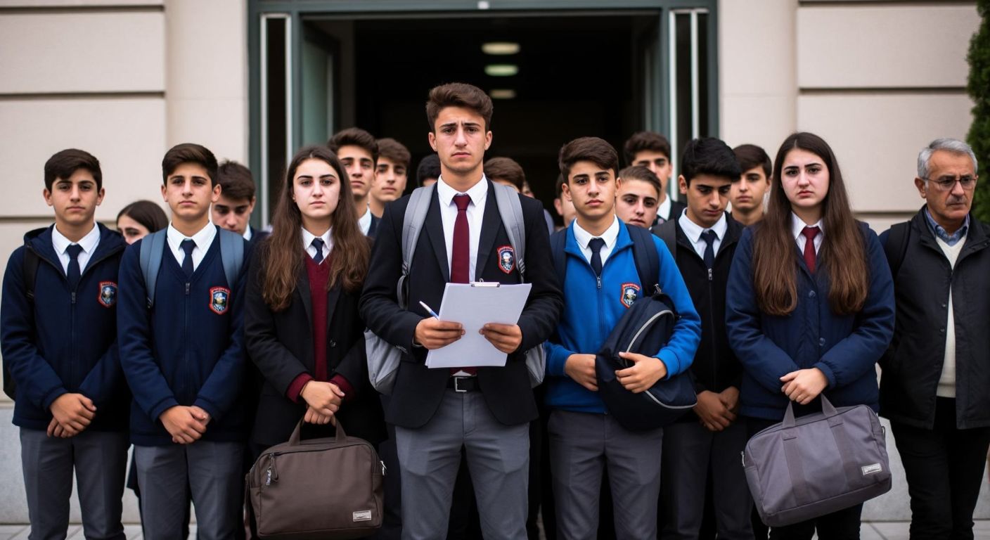 A group of Turkish students in school uniforms anxiously waiting outside an exam hall, clutching their backpacks and looking hopeful yet nervous, with a teacher nearby holding a clipboard.