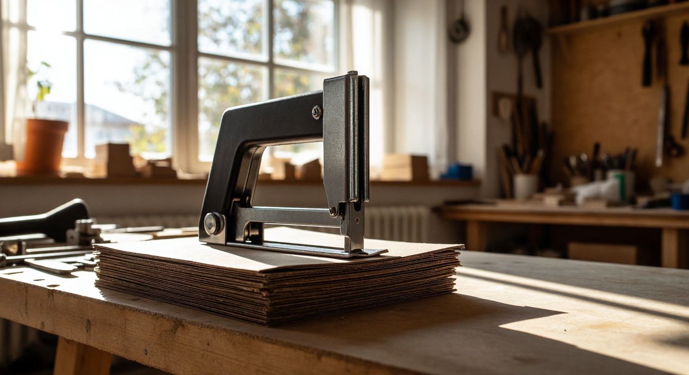 A close-up of a sturdy stapler pressing thin, shiny **Type 53 staples** into a stack of fabric and cardboard on a wooden workbench in a Turkish workshop, with sunlight streaming through a nearby window.