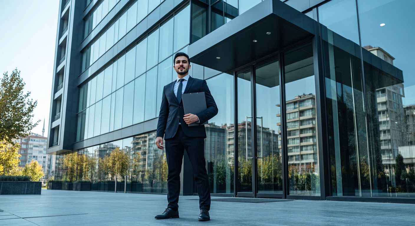 A modern office building in Istanbul’s Maltepe district, with a professional Turkish businessperson in a suit standing confidently near a sleek glass entrance, holding a folder labeled "Reel Alacak" (without visible text).