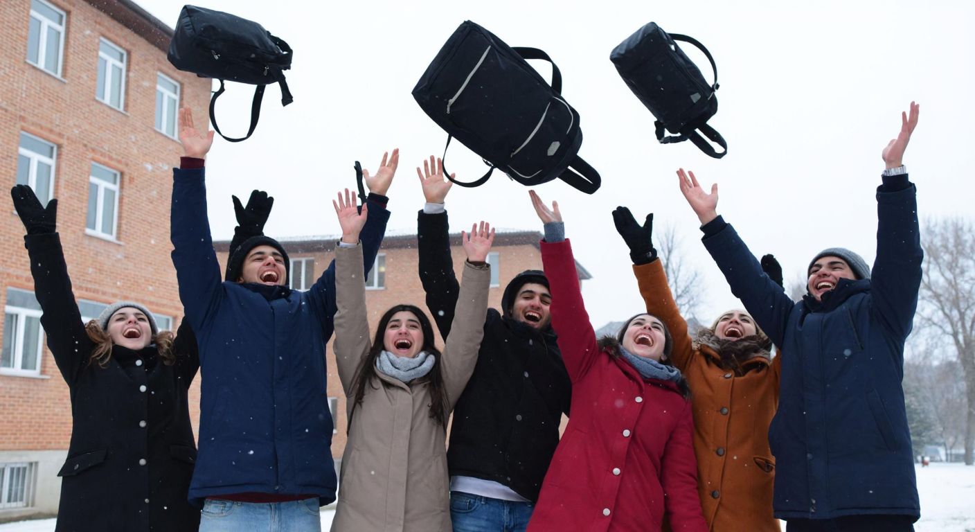 A group of joyful Turkish students in winter coats celebrating outside a school, tossing their backpacks in the air under a snowy sky.