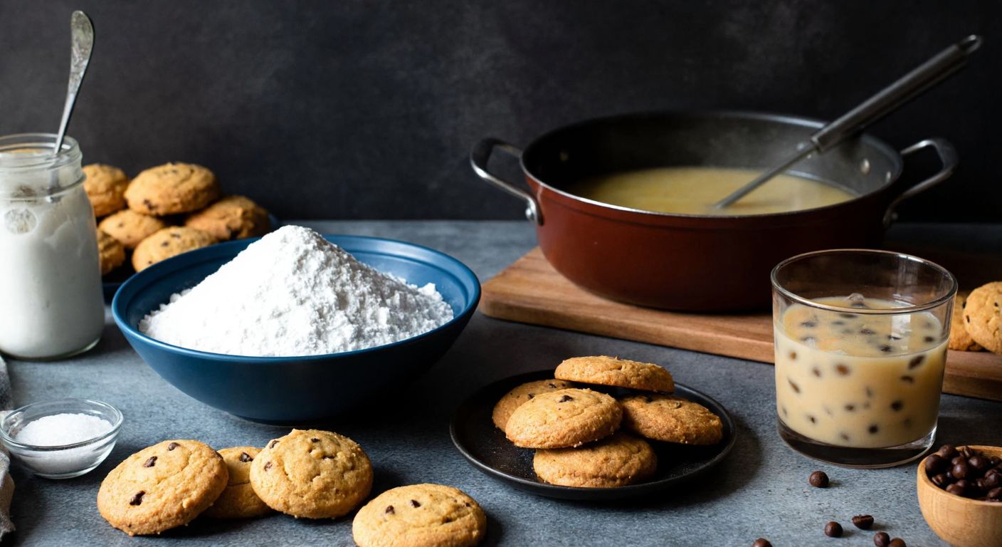 A rustic Turkish kitchen countertop with a bowl of tapioca starch next to freshly baked gluten-free cookies, a bubbling pot of soup, and a glass of bubble tea with chewy pearls.