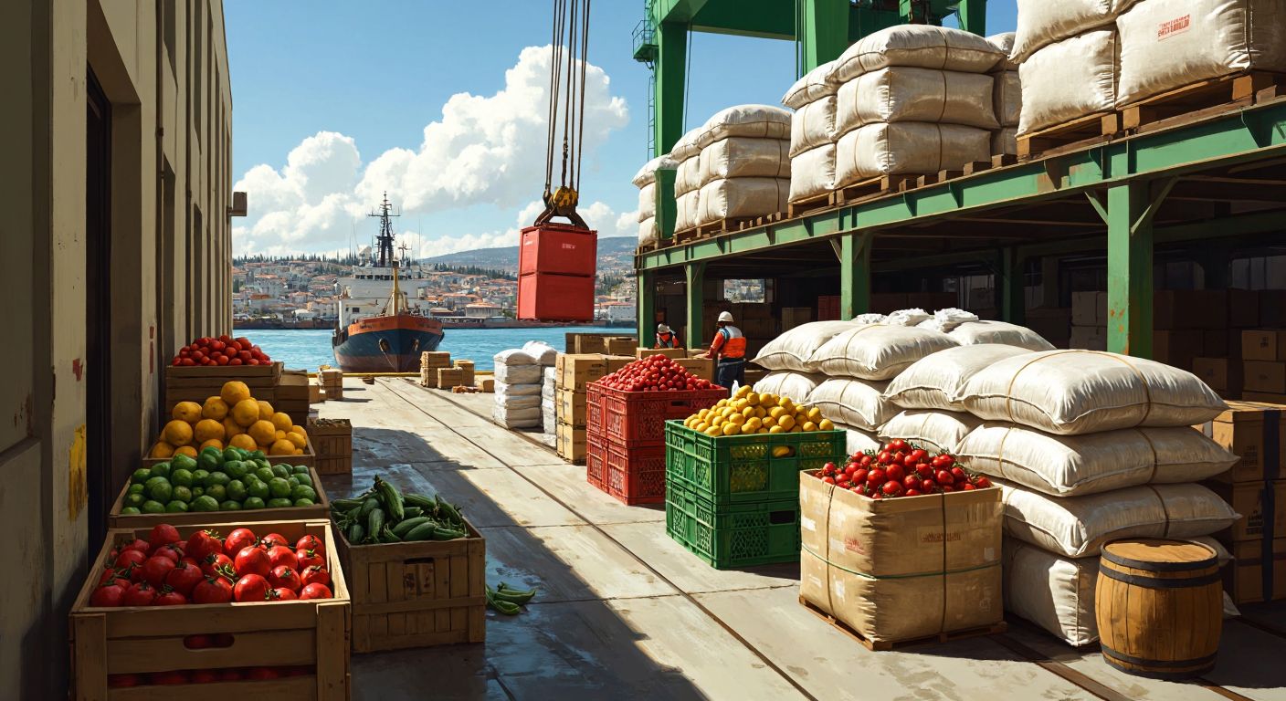 A bustling Turkish port scene with stacked sacks of sugar and grain, crates of fresh fruits and vegetables, barrels of cooking oil, and bags of fertilizer being loaded onto ships under a bright sun.