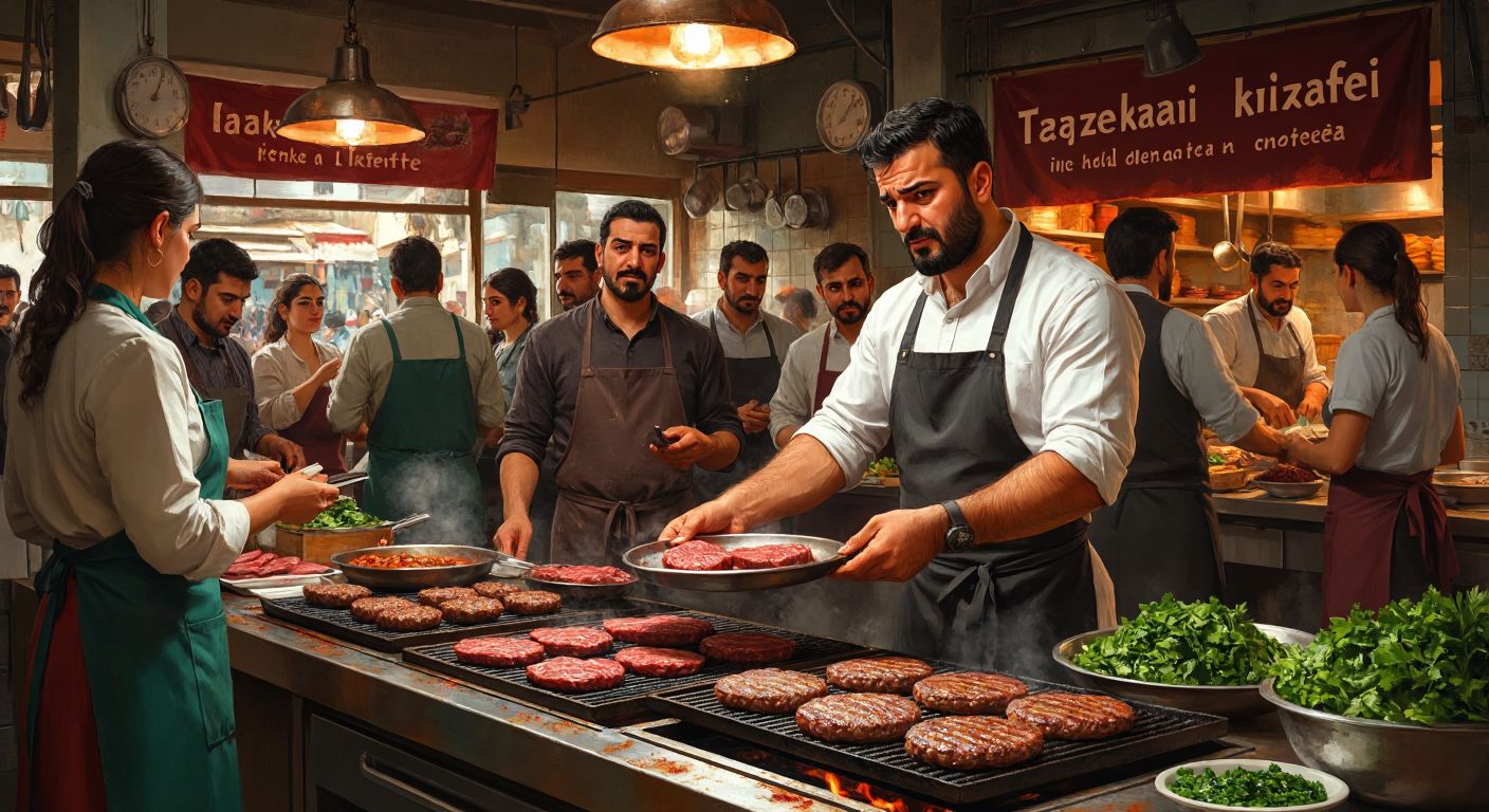 A bustling Turkish köfte restaurant with sizzling meat patties on the grill, a frowning butcher weighing red meat on a scale, and customers exchanging surprised glances at their receipts.