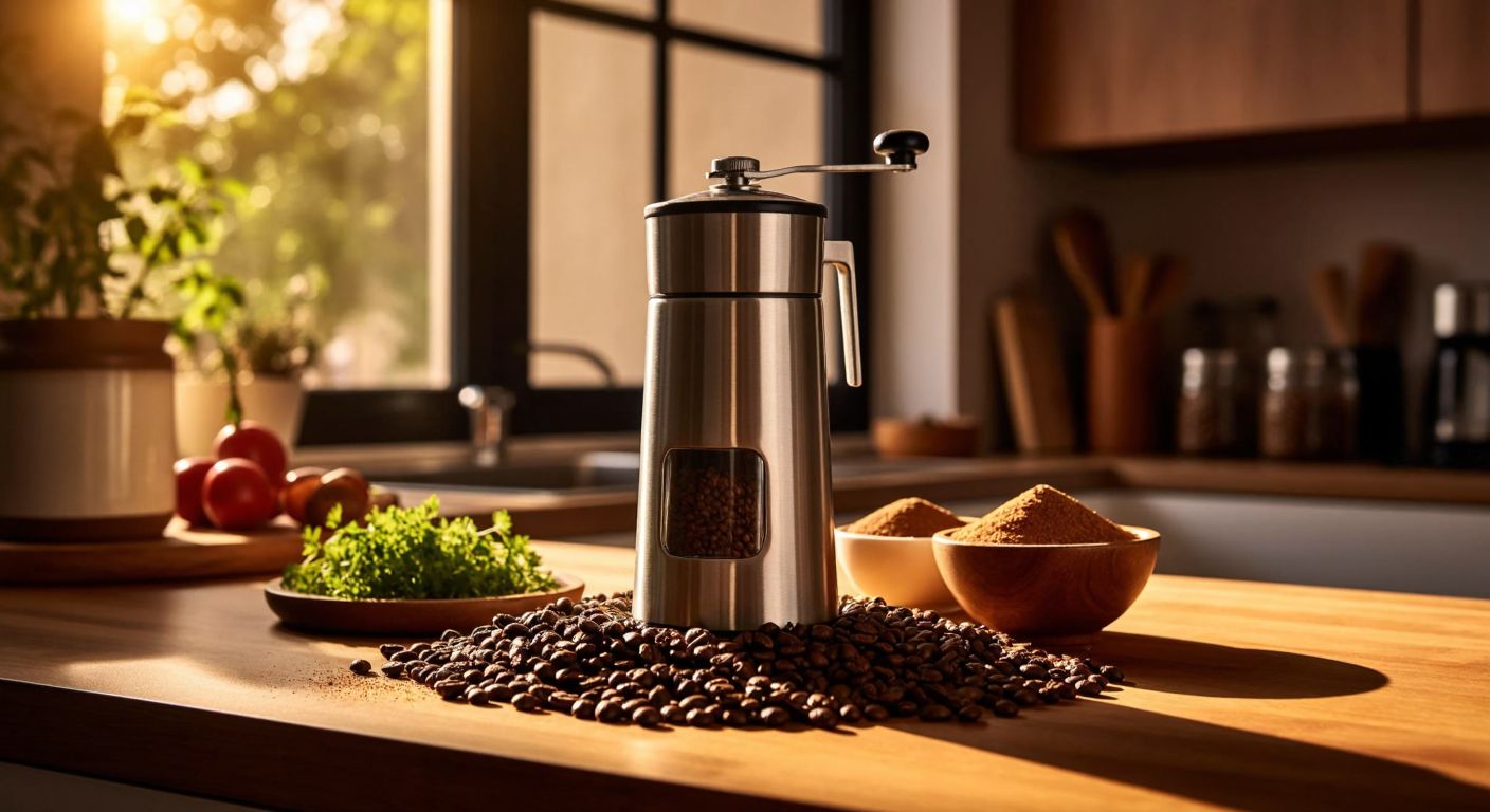 A sleek stainless steel grinder sits on a wooden kitchen counter in a sunlit Turkish home, surrounded by fresh coffee beans and aromatic spices like cumin and sumac, with a warm golden light highlighting the fine powder being ground.
