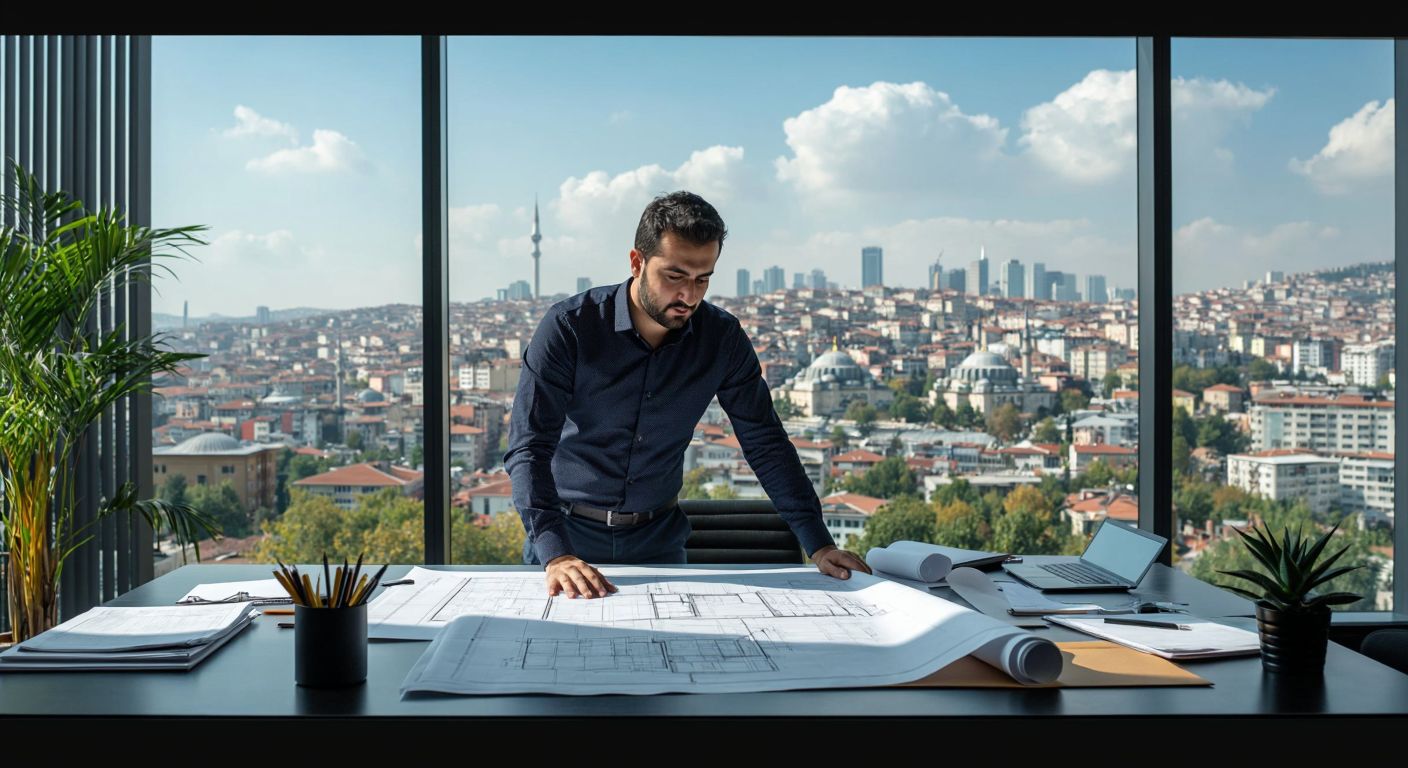 A confident Turkish architect in a sleek office, reviewing blueprints with a modern Istanbul skyline visible through the window.
