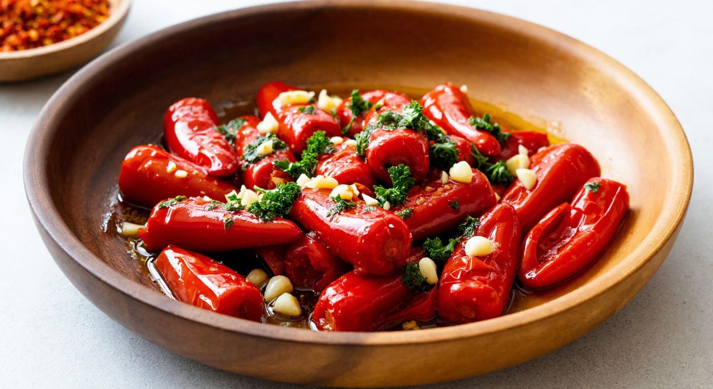 A rustic wooden bowl filled with vibrant roasted red peppers, drizzled with golden olive oil, garnished with finely chopped parsley, crushed garlic, and a sprinkle of red pepper flakes, evoking the rich flavors of Turkish cuisine.