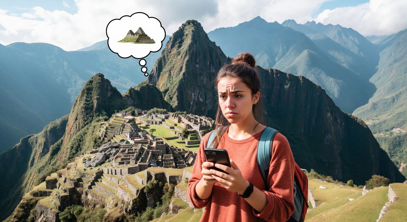 A person in Turkey holding a smartphone with a puzzled expression, while a faint outline of Peru's Machu Picchu appears in a thought bubble above their head.
