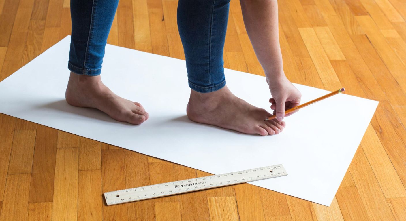 A person standing barefoot on a white sheet of paper, carefully tracing their foot with a pencil while a ruler lies nearby on a wooden floor.