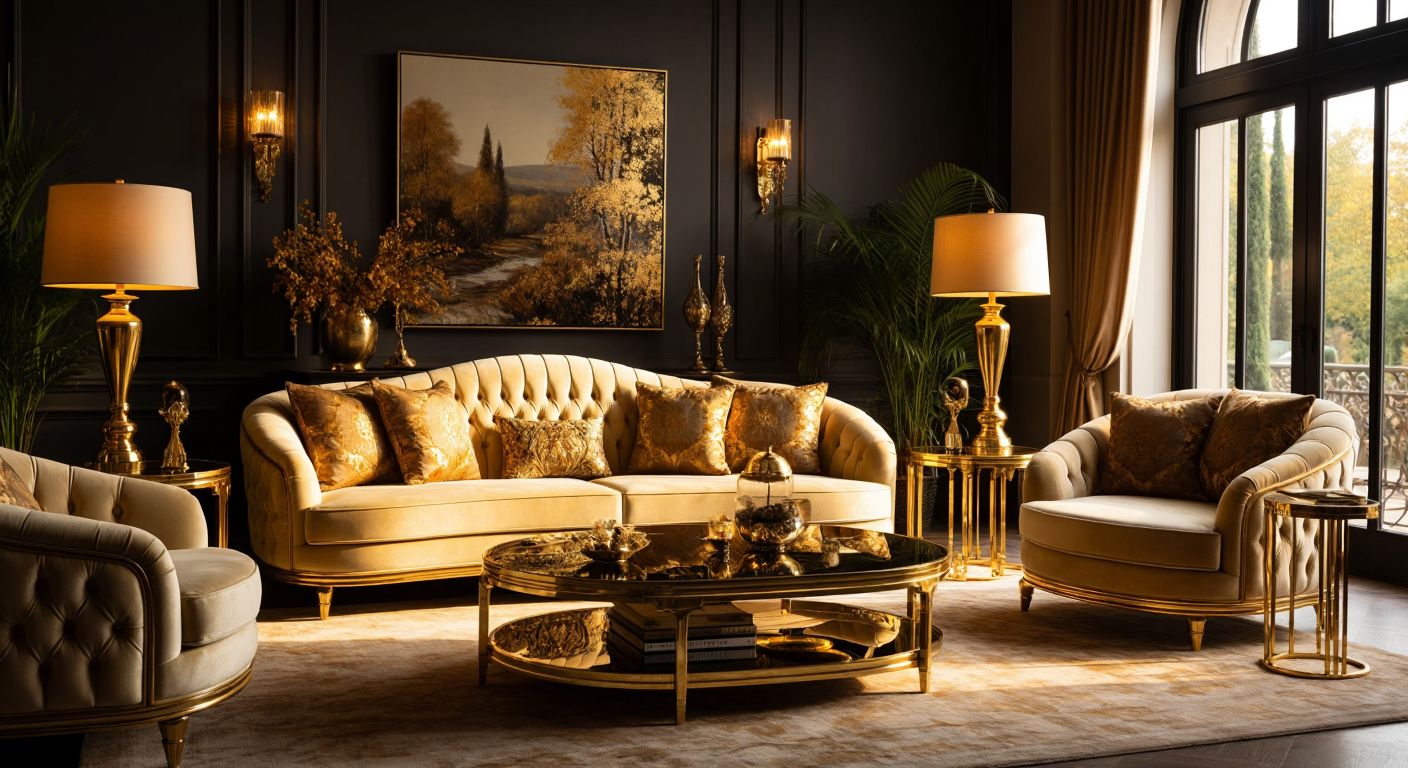 A luxurious brass-framed sofa set with plush cushions in a cozy Turkish living room, bathed in warm golden light, evoking elegance and comfort.