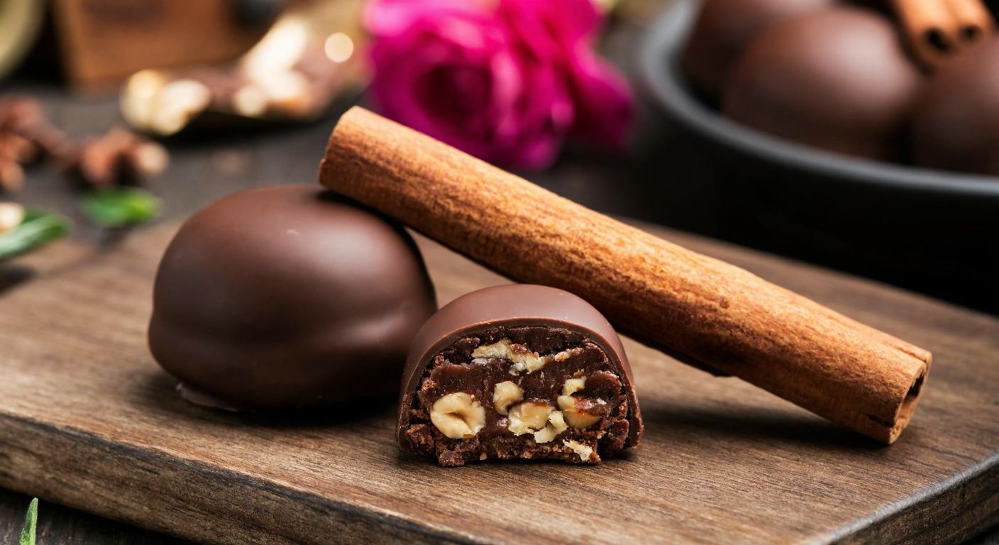 A warm, golden-brown cinnamon stick rests beside a glossy, chocolate-coated praline filled with crushed hazelnuts, placed on a rustic wooden table in a cozy Turkish kitchen.