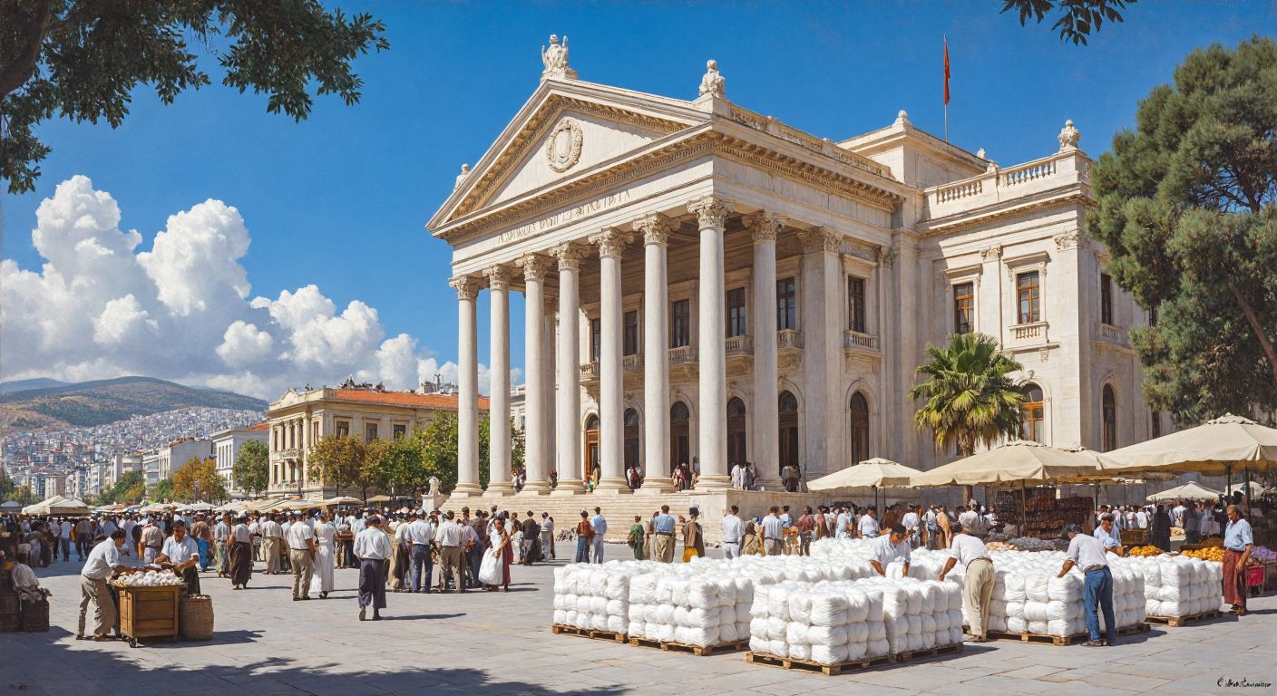 A grand neoclassical building with tall columns and a bustling plaza in Konak, İzmir, where traders in light cotton shirts gather around bales of fluffy white cotton under the bright Aegean sun.