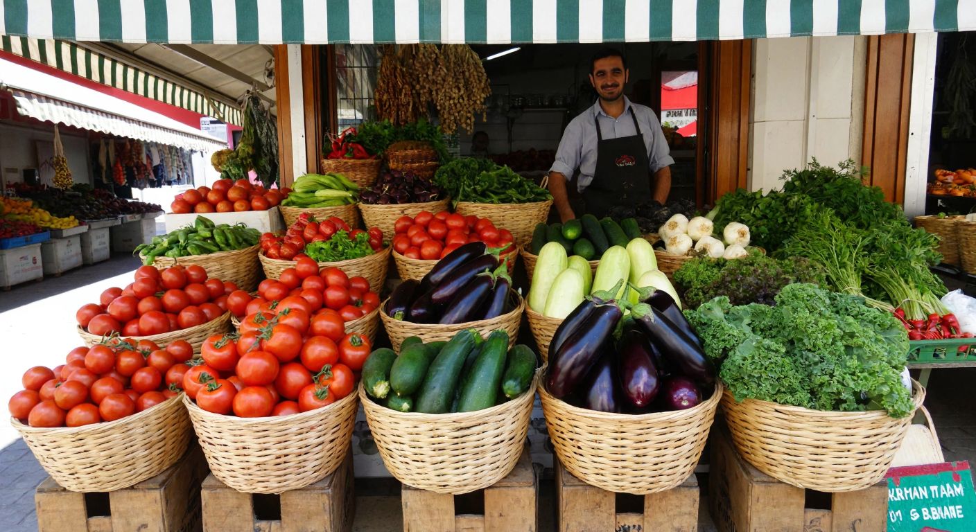A vibrant Turkish market stall overflowing with seasonal vegetables like ripe tomatoes, crisp cucumbers, glossy eggplants, and leafy greens, arranged in woven baskets under a striped awning, with a vendor in an apron smiling warmly.