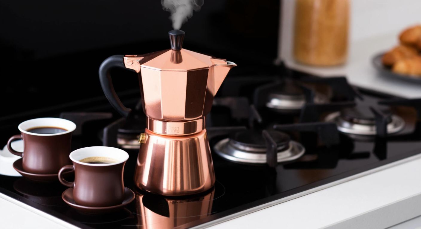 A gleaming copper Bialetti Moka Pot sits on a stovetop, steam rising from its spout, surrounded by small Turkish coffee cups filled with dark, aromatic coffee.