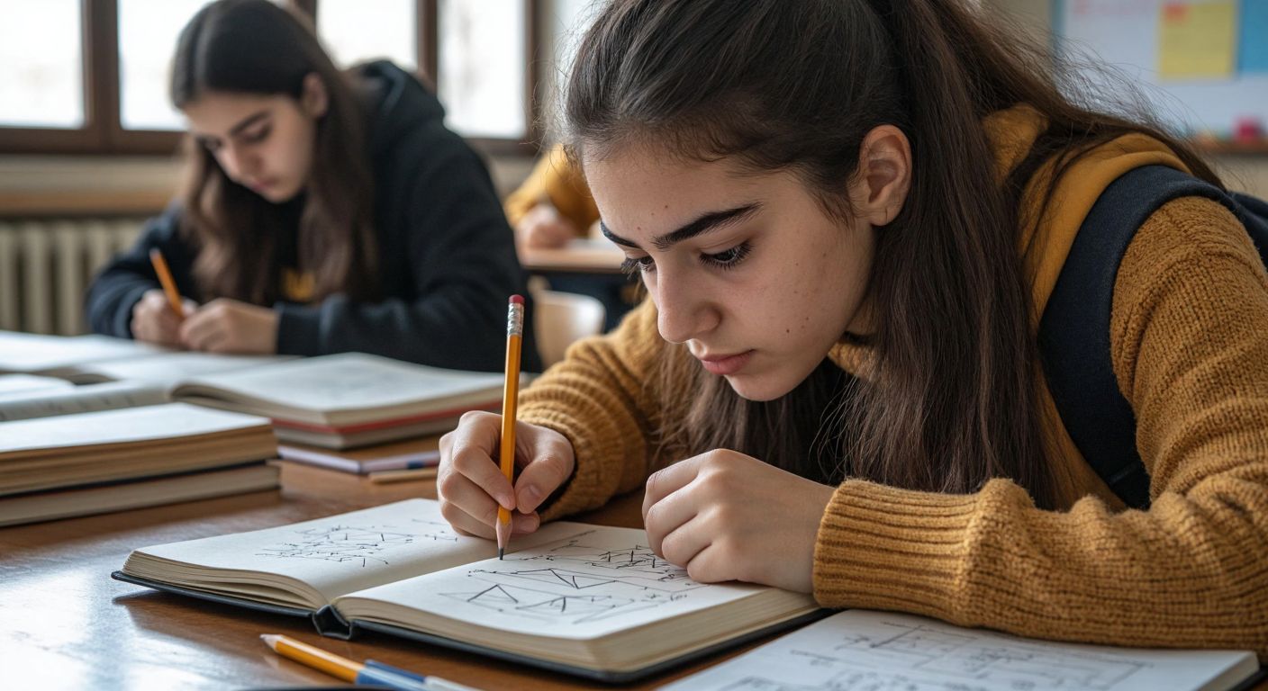 A focused Turkish high school student in a classroom, solving a geometry problem on a notebook with a pencil, surrounded by open math textbooks and geometric shapes like triangles and square roots sketched on the page.