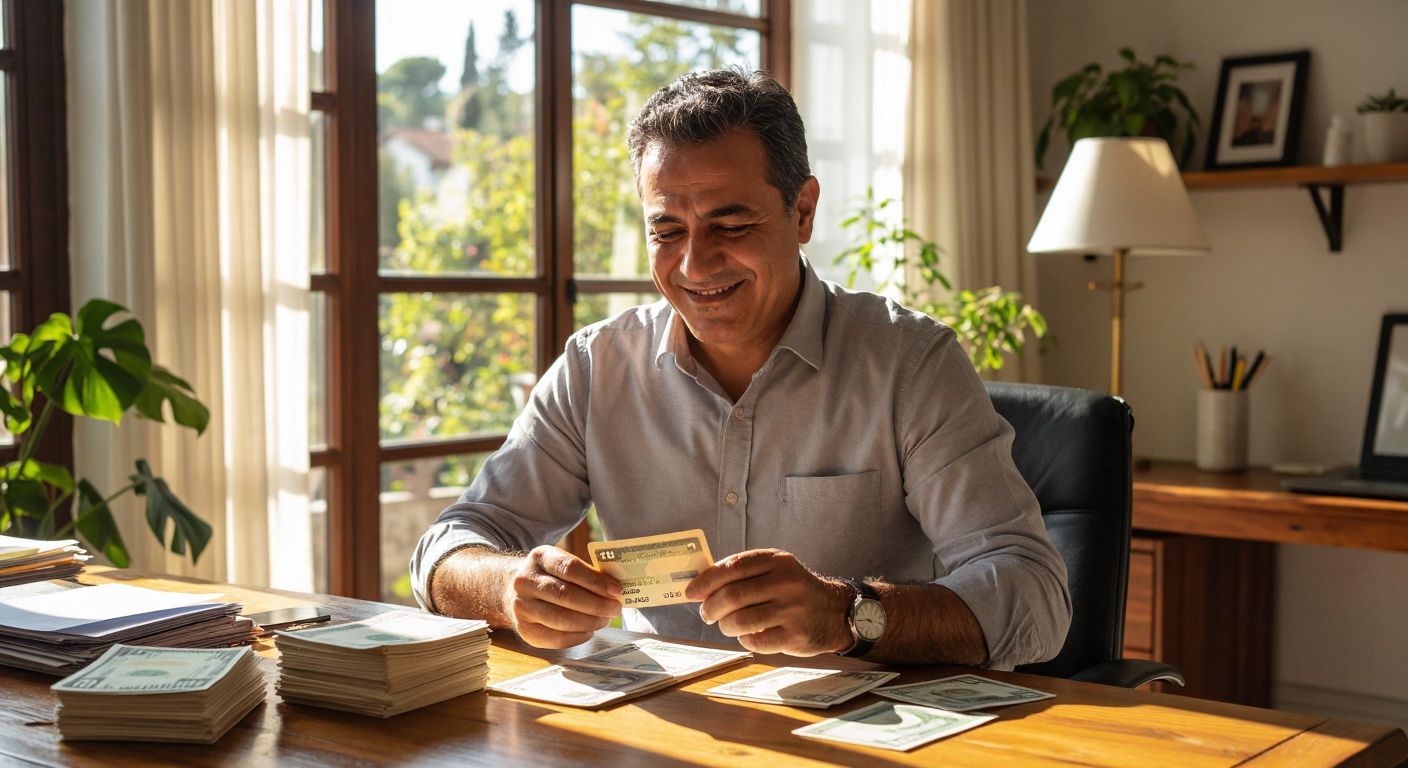 A determined middle-aged Turkish man in a neat shirt sits at a wooden table in a sunlit home office, carefully organizing stacks of bills and a credit card while smiling with relief, symbolizing financial responsibility and progress.