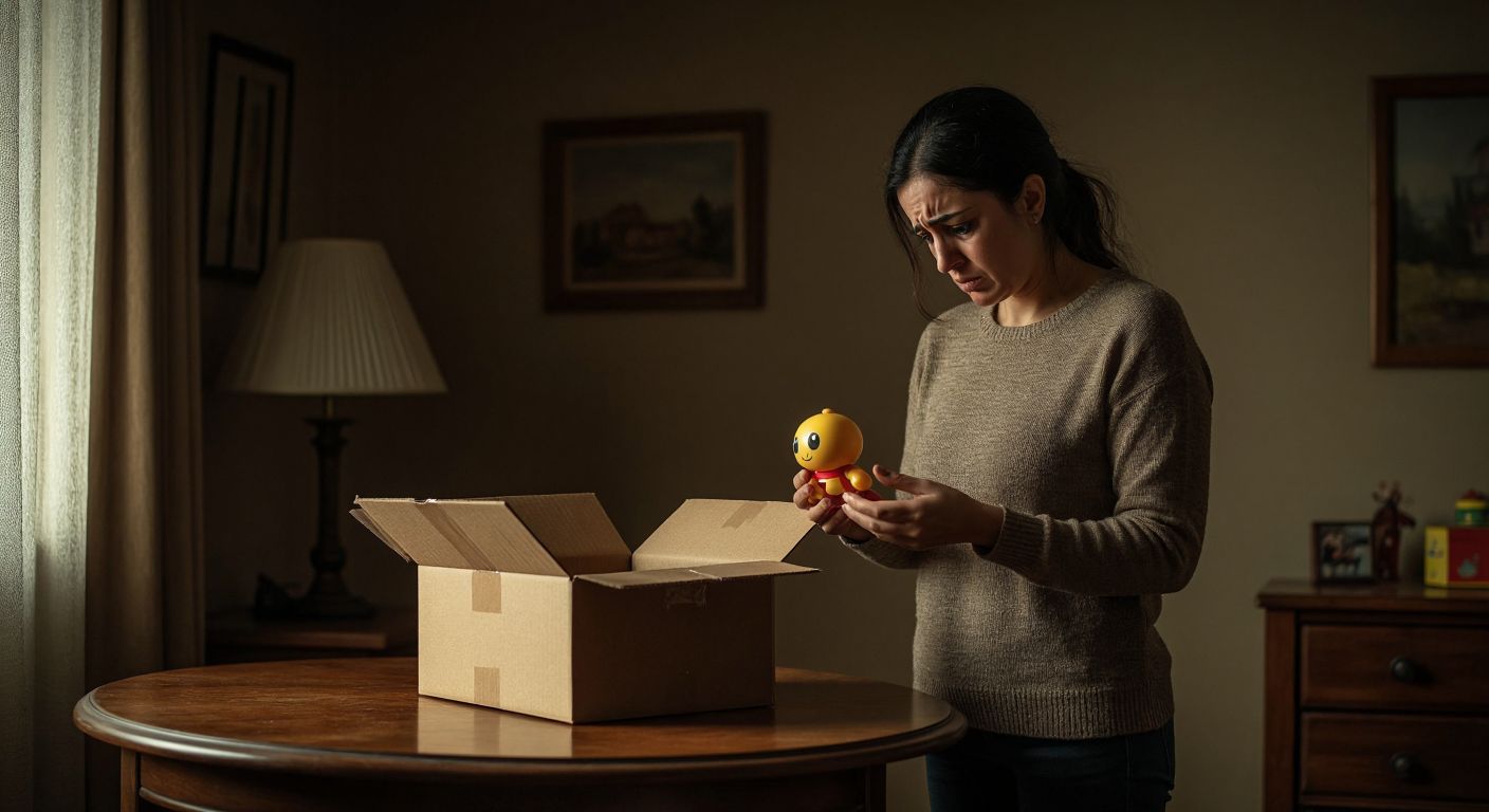 A frustrated Turkish parent stands in a dimly lit room, holding a broken toy and staring at an empty, unopened delivery box on a wooden table, their face reflecting disappointment and concern.