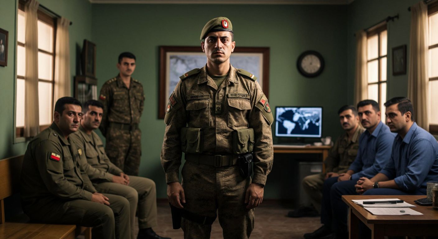 A Turkish soldier standing at attention in a barracks, embodying discipline with a stern expression, while a group of people in casual attire discuss self-improvement nearby, and a computer screen in the background subtly hints at Wikipedia editing.