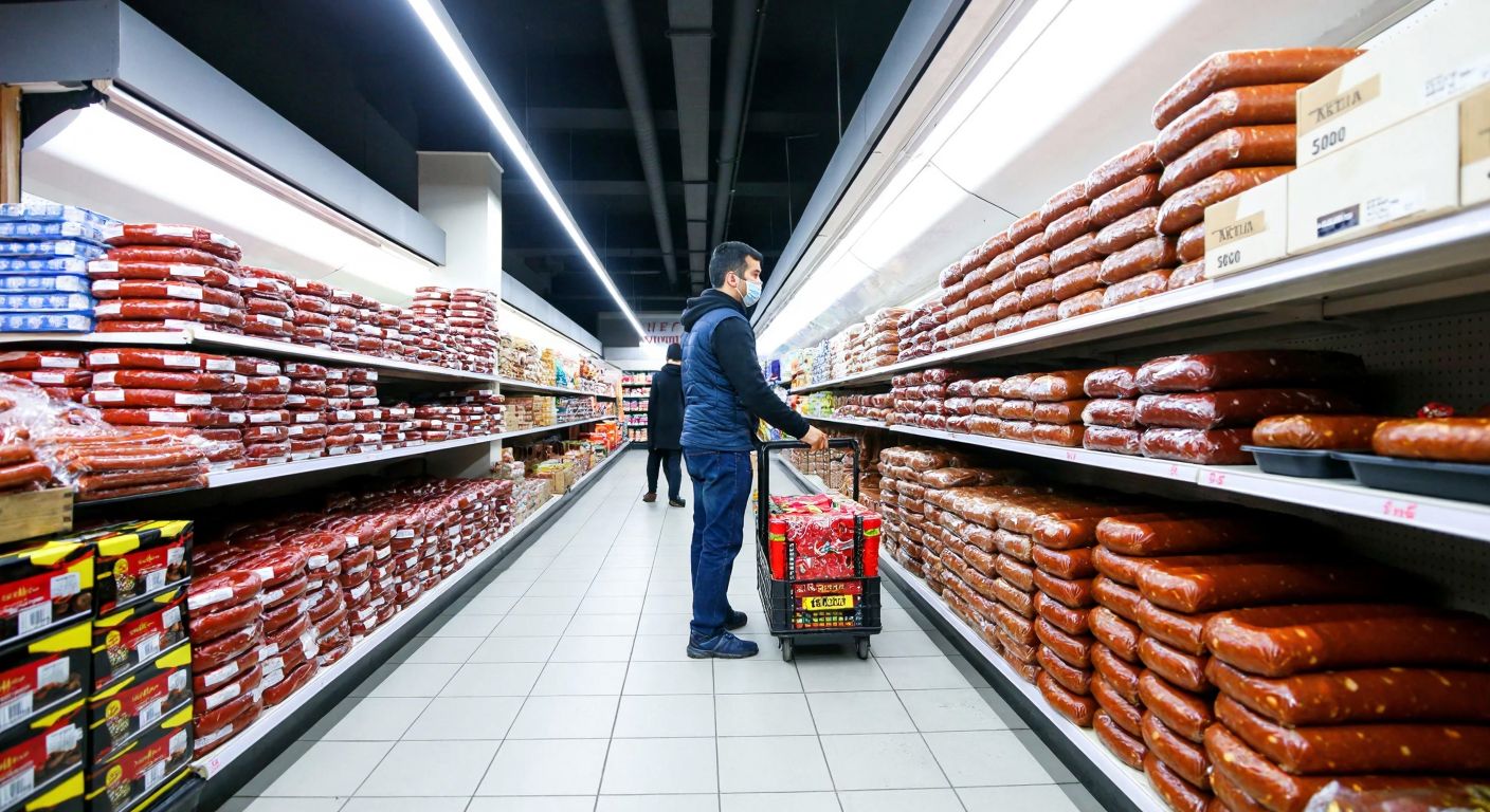 A bustling Turkish supermarket aisle with neatly stacked packages of sucuk in various brands, a shopper in casual attire examining them closely under bright fluorescent lights.