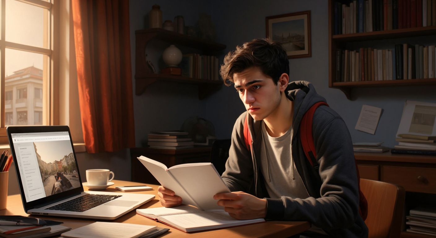 A young Turkish student in a modest room, looking disappointed while holding a KPSS exam booklet, with a laptop displaying a blank government website on the desk beside them.