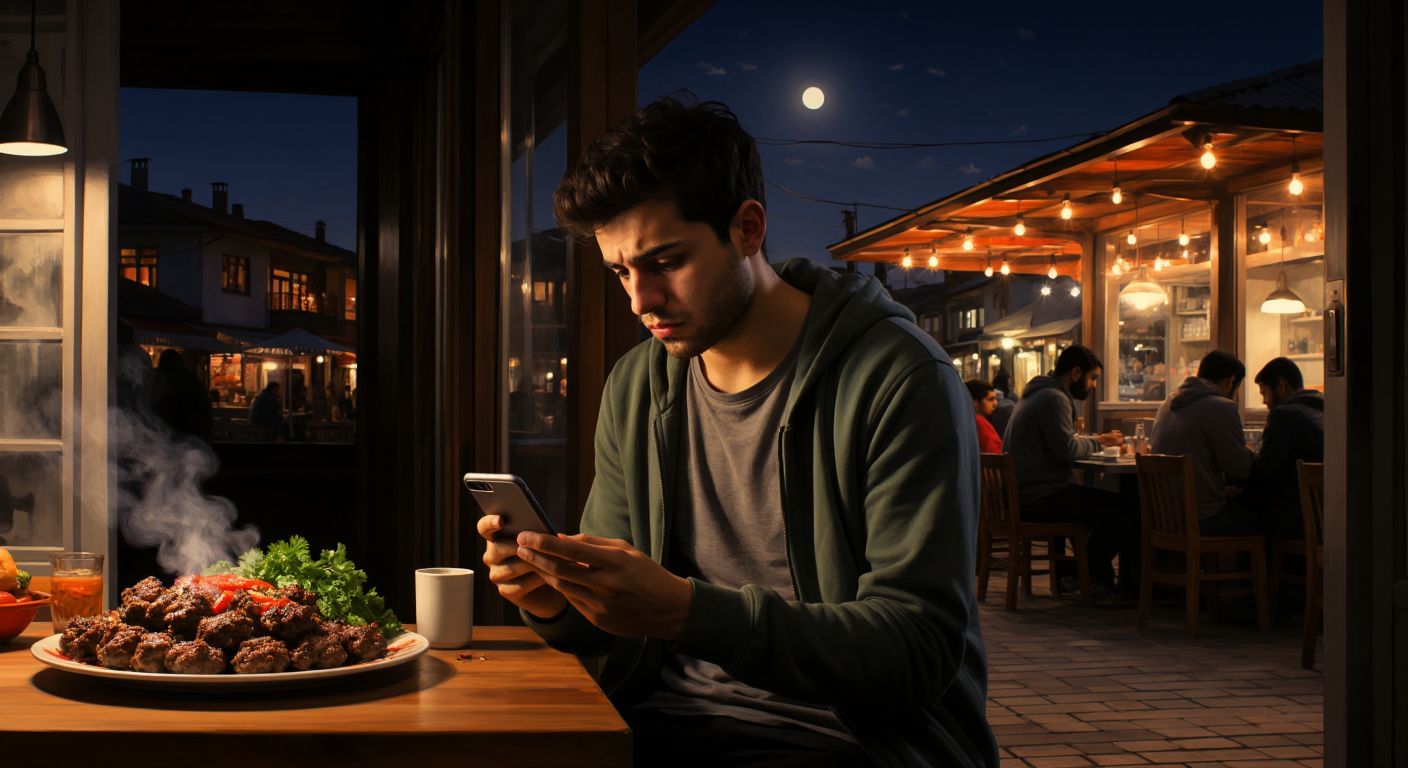 A frustrated person in a cozy Turkish home stares at a smartphone screen while a steaming plate of untouched kebap sits nearby, with a dimly lit restaurant visible through the window.