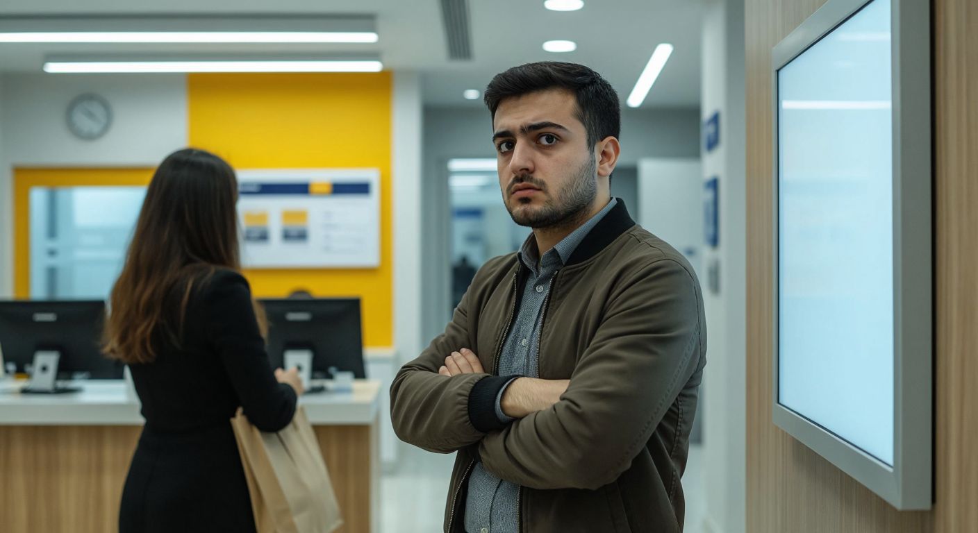A frustrated customer in a modern Turkish bank branch, glancing at a blank information board while a bank employee discreetly checks a computer screen in the background.