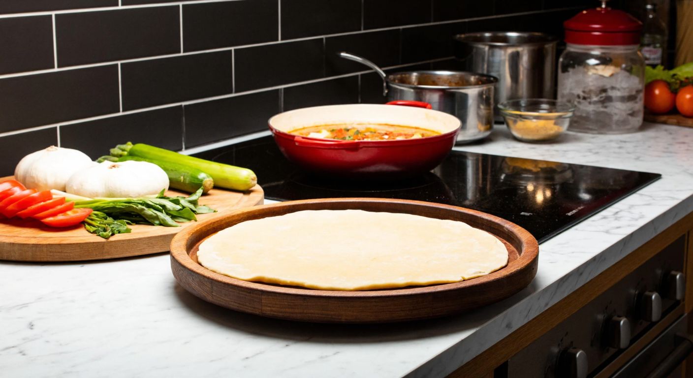 A warm Turkish kitchen with a wooden pan resting on a marble countertop, surrounded by fresh dough, chopped vegetables, and a sizzling pot on the stove, evoking a sense of home-cooked comfort.