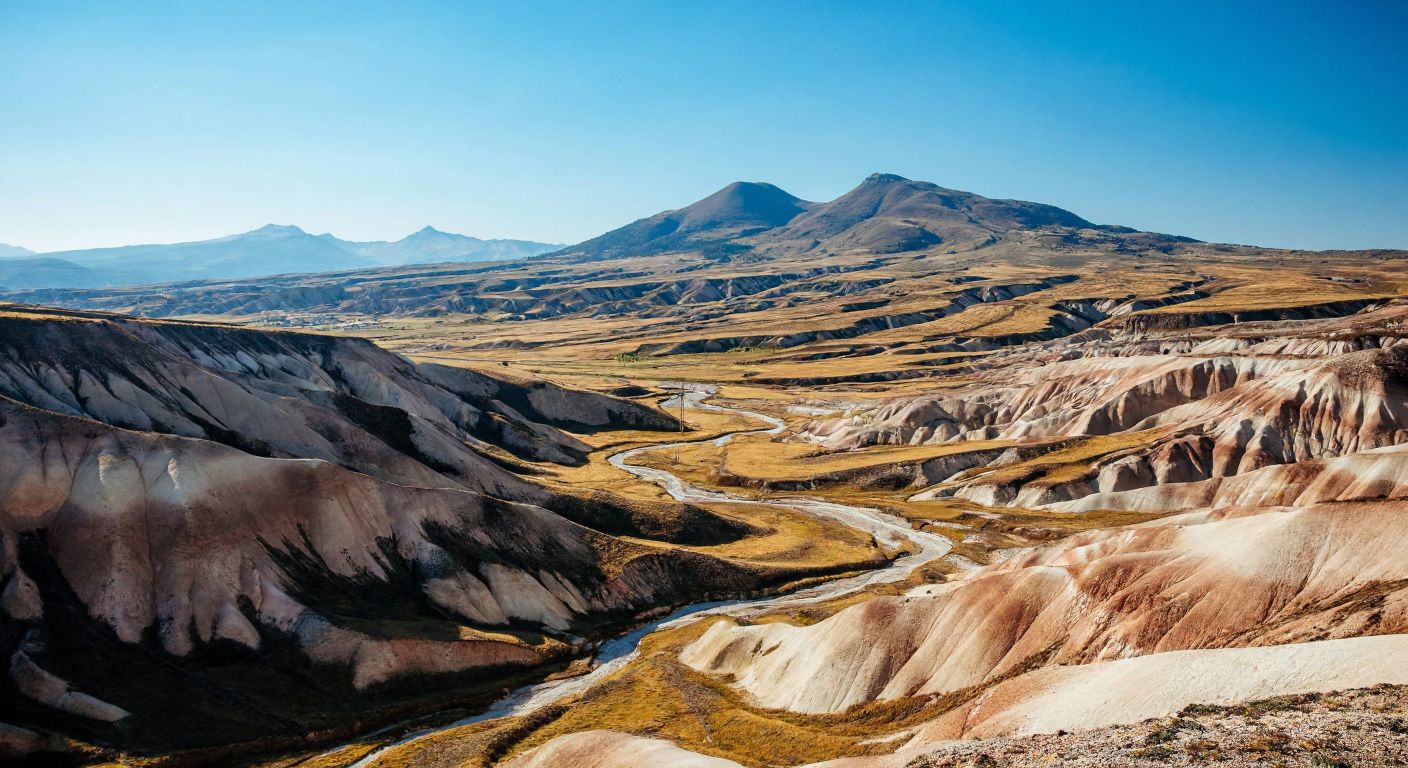 A vast, sunlit Turkish plateau with layered rock formations, winding rivers carving through the earth, and distant volcanic peaks under a clear blue sky.